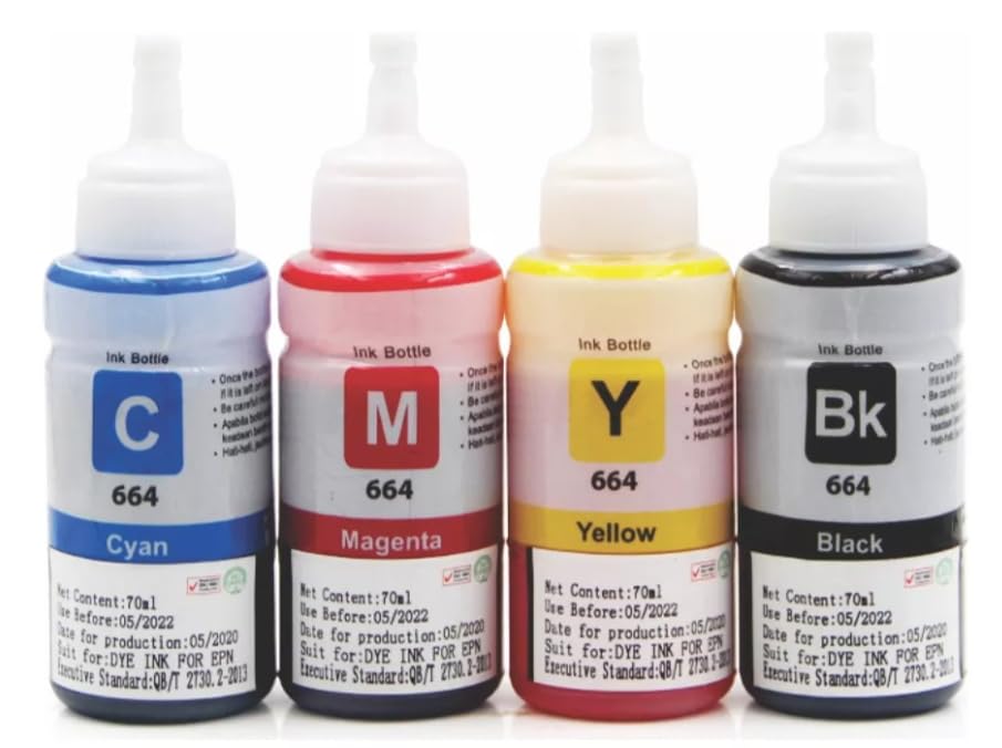 Genérico Tinta Compatible para Impresora Epson L120 L310 L380 L395 L495 L575 L606 L655 L656 L1300 L1455, Botellas 4 Negro, Cian, Magenta, Amarillo
