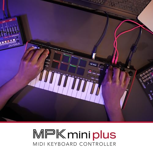Akai Professional MPK Mini Plus - Teclado Controlador MIDI USB de 37 Mini Teclas con 8 Pads MPC, Secuenciador, MIDI/CV/Gate I/O, Software de Producción y Native Instruments Sound Package