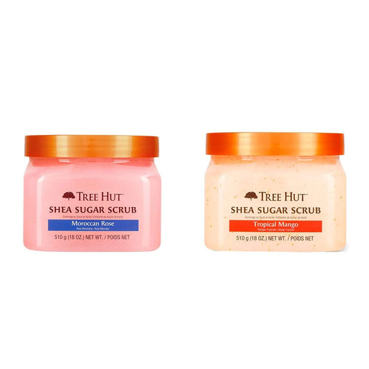 TREE HUT, Moroccan Rose Shea Sugar Scrub, Exfoliante Corporal Manteca de Karité + Tropical Mango Shea Sugar Scrub, Exfoliante Corporal de Azúcar Natural con Manteca de Karité y Esencia de Mango