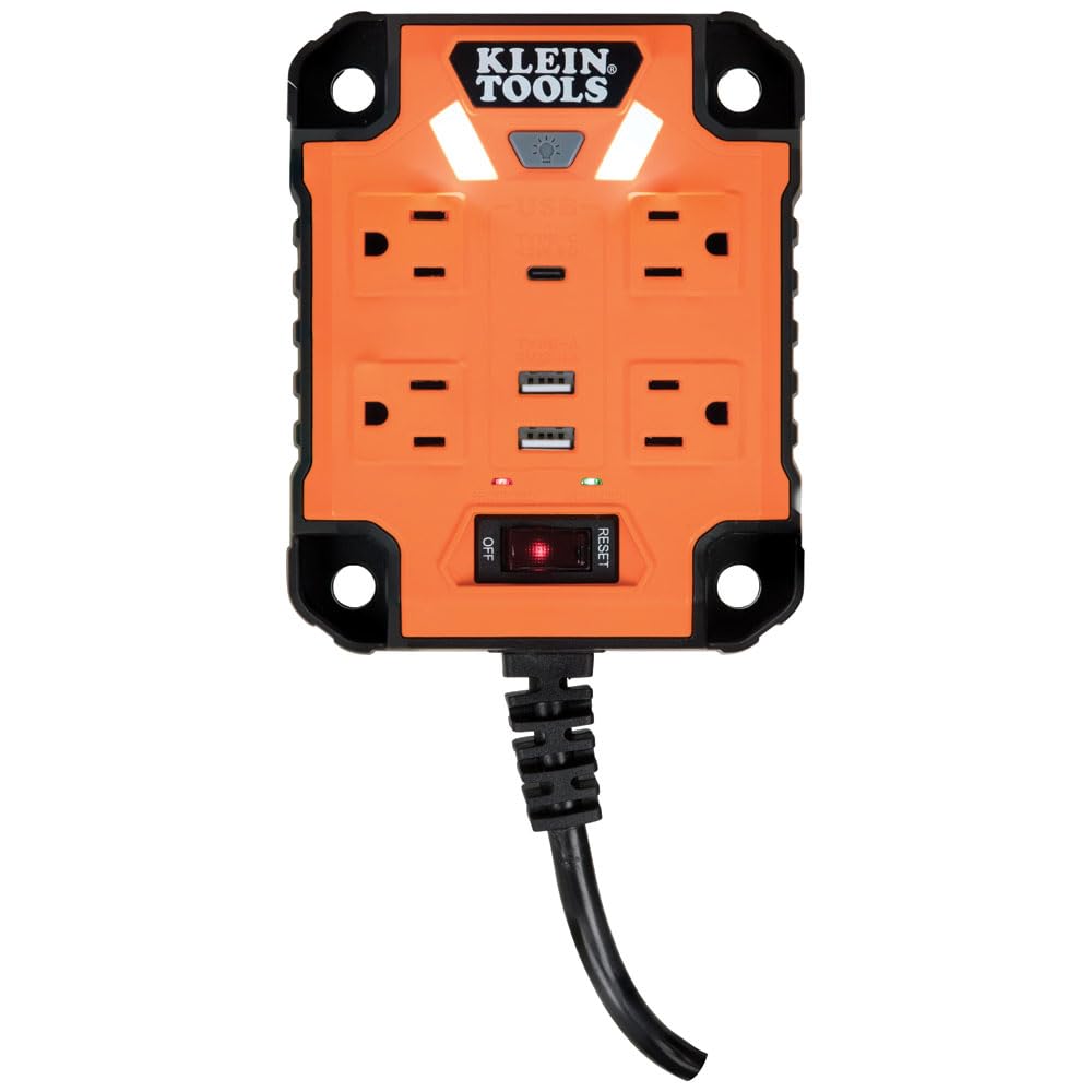 Klein Tools 29601 Multicontacto magnético con Protector de sobretensión, Cable de extensión, 4 Tomas, 3 Puertos USB, Cable de 1.5 Metros, con luz, PowerBox 1