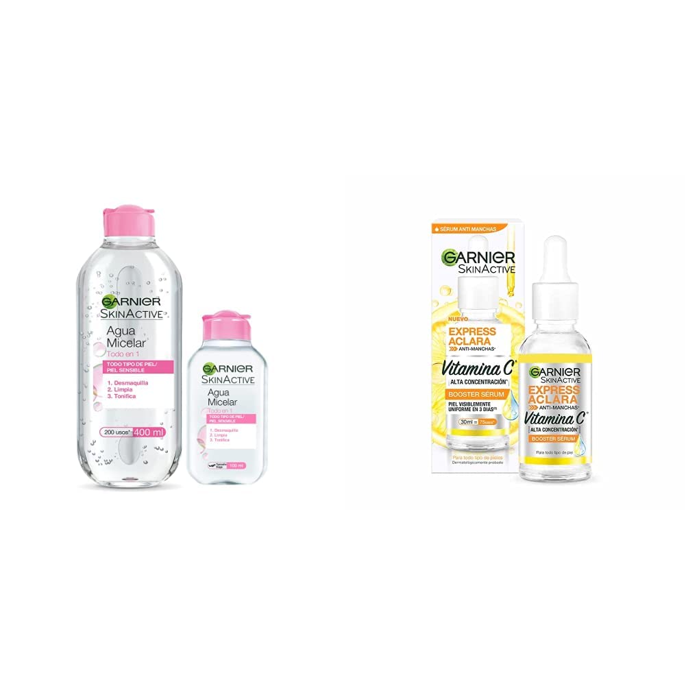 Garnier Skin Active Kit Micelar Todo en 1 400ml y 100ml + Express aclara booster serum anti manchas con vitamina c - 30 ml Serum