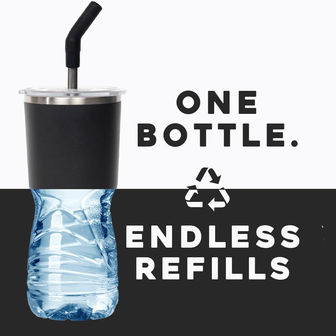 Buffer Flask - Vaso Térmico 600 ml - Termo para Café y Agua de Acero Inoxidable - Tapa Anti Derrame y Fugas - Taza Tumbler Mug para Bebidas Frías y Calientes - Incluye Popote - Color Negro