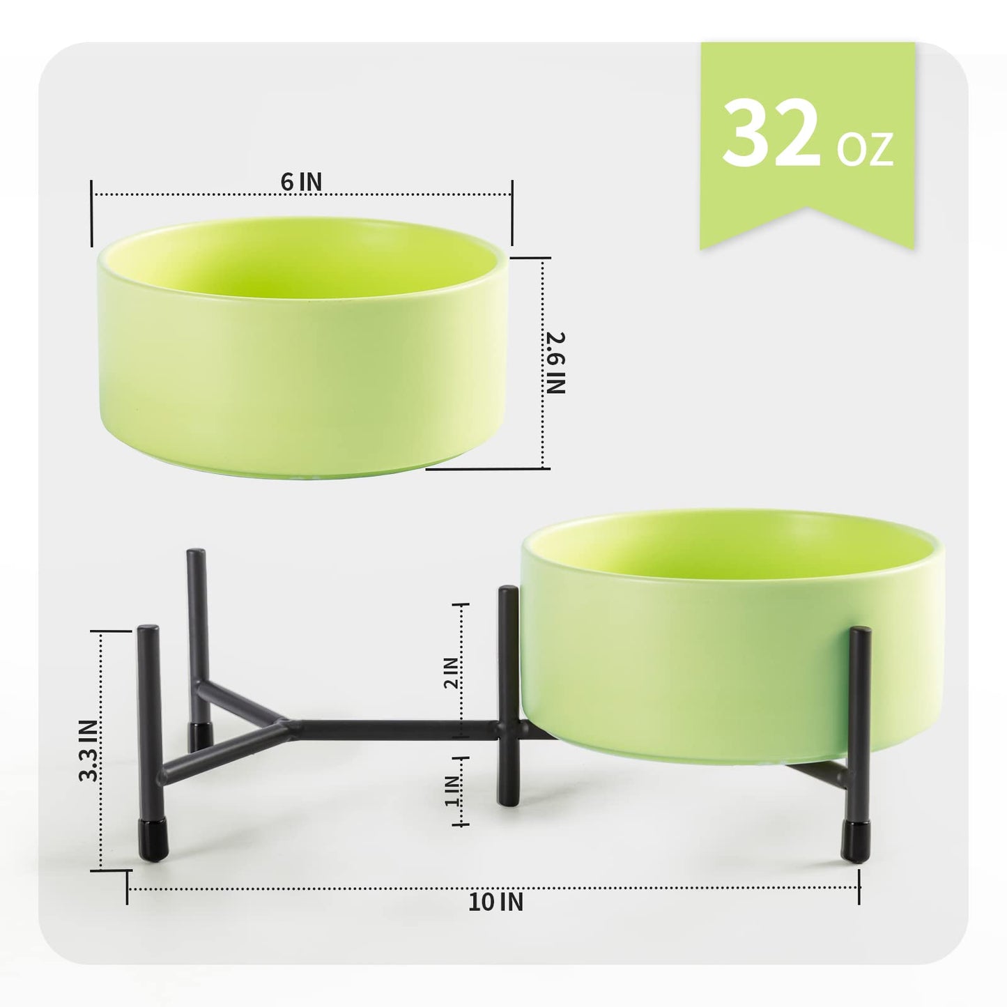 AOMRYOM Cuenco de cerámica para perros y gatos de 32 onzas con soporte de metal elevado, plato de cerámica para mascotas de 6 pulgadas para comida y agua, cuencos de alimentación para mascotas para gatos y perros, juego de 2 (blanco y verde claro)