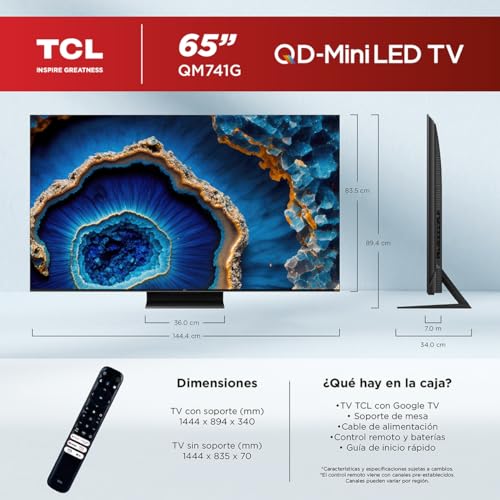 TCL Smart TV Pantalla 65" 65QM741G Google TV QLED -MiniLED | Dolby Vision HDR10 AIPQ 1300 NITZ DLG 240HZ IMAX | Dolby Atmos Virtual X Subwoofer 20W | Quad Core Bezel-Less |Compatible con Alexa
