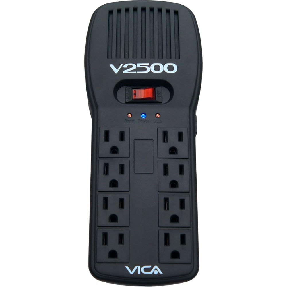 Regulador Electrónico de Voltaje VICA V2500 Negro con Supresor de Picos y Puertos RJ11 RJ45 2500 VA 1500 W