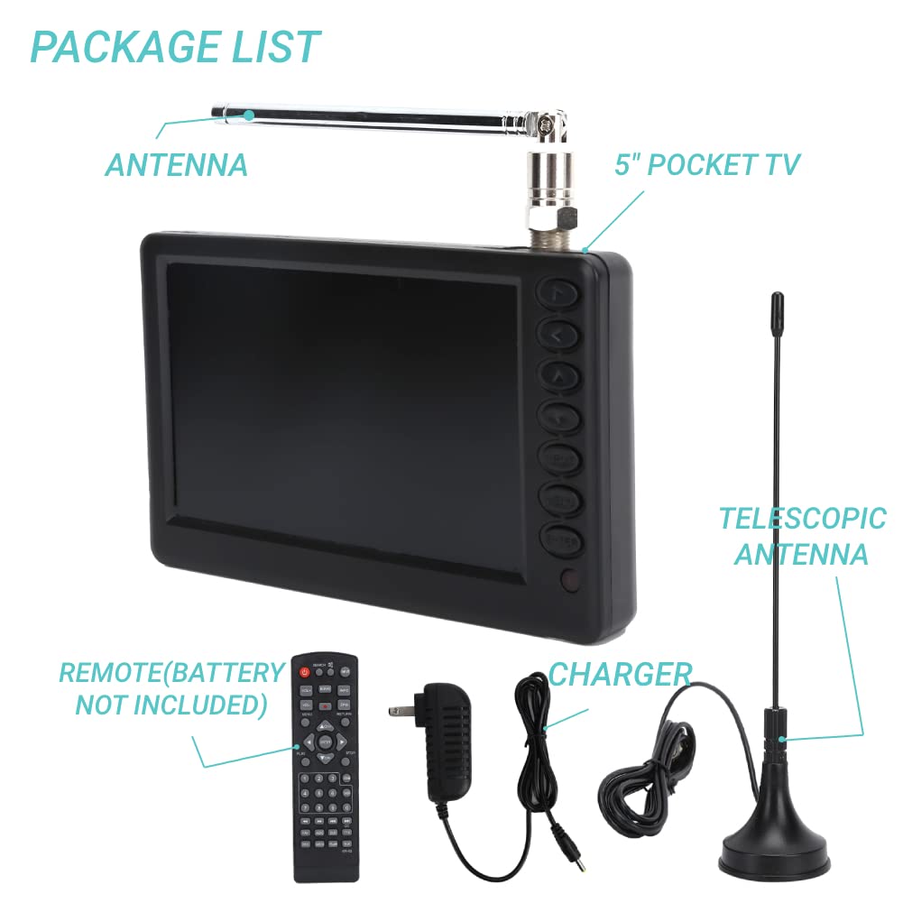Acogedor TV Portátil de 5 Pulgadas, 1080P ATSC Pocket TV Digital para Coche, con Batería Recargable de 1500 mAh, Compatible con USB, Tarjeta TF, Mini Televisión Digital para Camping, Cocina