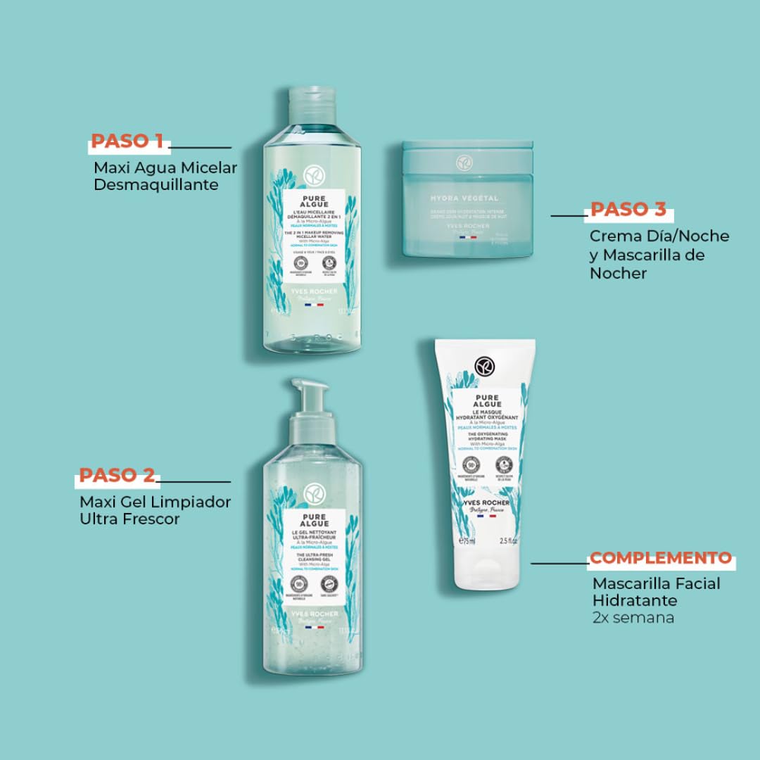 Yves Rocher MAXI Set Oxigenante PURE ALGUE: Gel Limpiador Ultrar Frescor (390 ml) + Agua Micelar Desmaquillante 2 en 1 (400 ml)