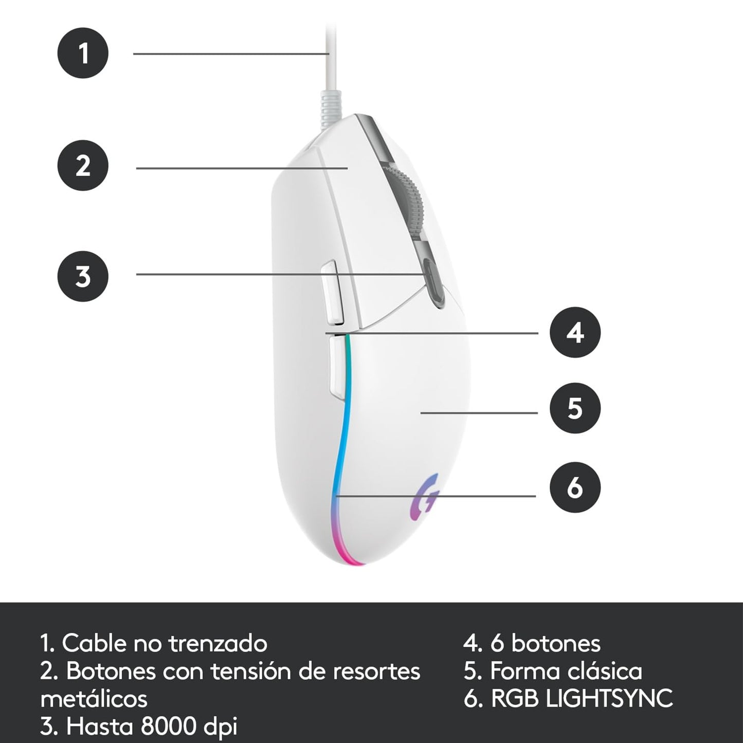 Logitech G203 LIGHTSYNC Mouse Gaming con Iluminación RGB Personalizable, 6 Botones Programables Seguimiento de hasta 8,000 DPI, Ultra-ligero - Blanco