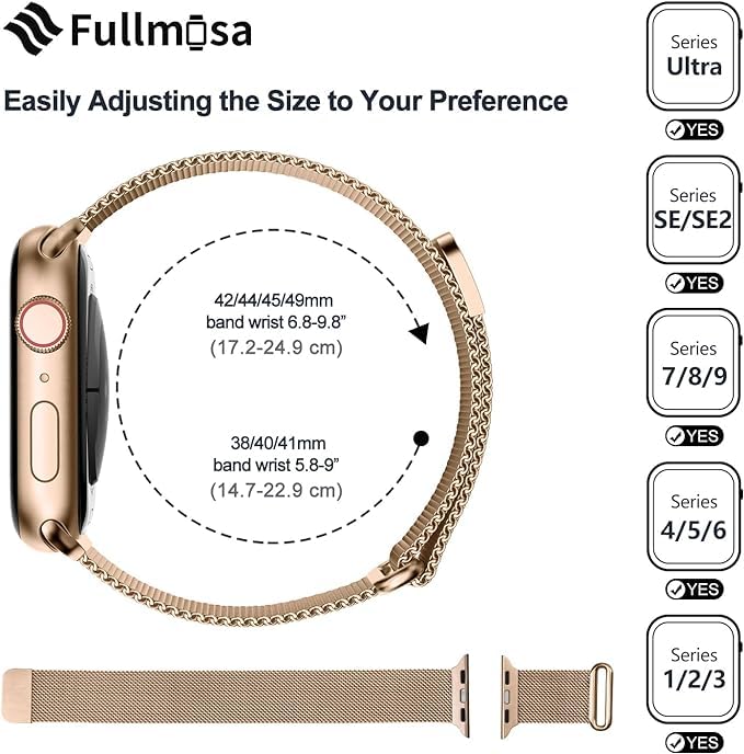 Fullmosa Correa Magnética Compatible con Apple Watch 42mm 41mm 40mm 38mm,Pulseras de Repuesto de Acero Inoxidable Milanese Loop para iWatch Ultra 2/1 Series 10 9 8 7 6 5 4 3 2 1 SE,Oro Rosa