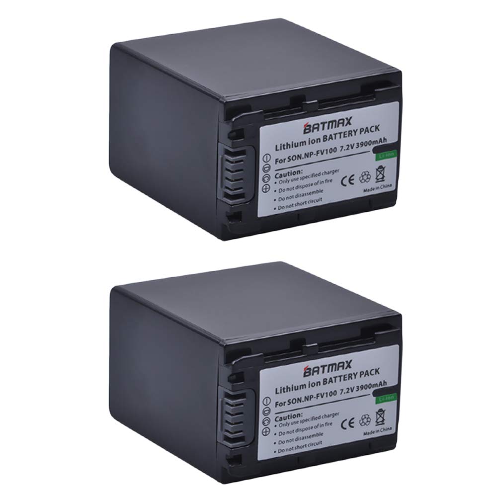Batmax - 2 baterías NP-FV100 de 3900 mAh + cargador dual USB LCD para Sony NP-FV100A; DCR-SR15, SR21, SR68, SX44, SX85, FDR-AX100, HDR-CX110, HDR-XR160, HDR-CX360V, CX560V, CX10V 7 V, V, HDHDHDHDR-P