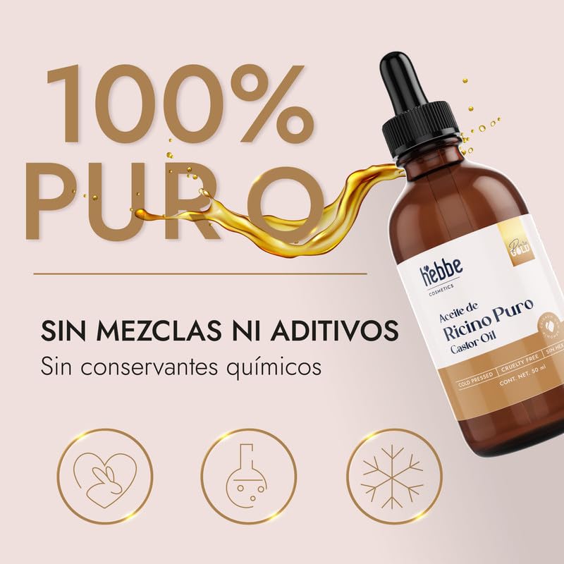 Hebbe - Aceite de Ricino 50 ml. 100% Puro, Hidratante y Antiinflamatorio, Ideal para Piel y Cabello