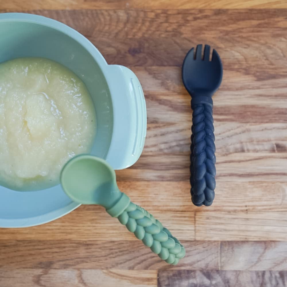 Itzy Ritzy Silicone Spoon & Fork Set; Baby Utensil Set Features A Fork and Spoon with Looped, Braided Handles; Made of 100% Food Grade Silicone & BPA-Free; Ages 6 Months and Up, Camo and Midnight