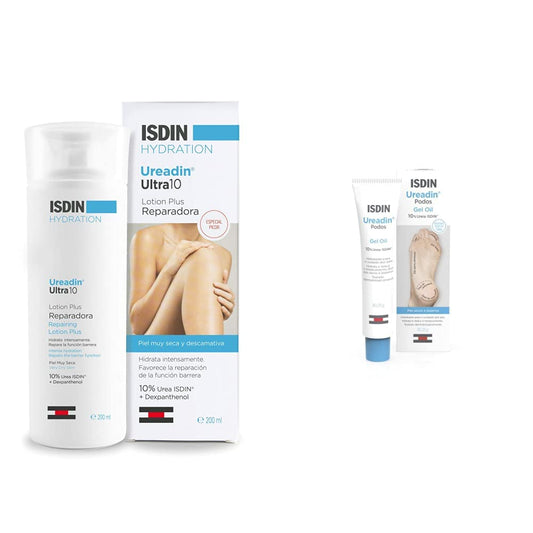 Isdin Loción Hidratante Ureadin Ultra 10 200 ml + Ureadin Podos Gel Oil, Repara e hidrata los pies secos y agrietados, 75ml