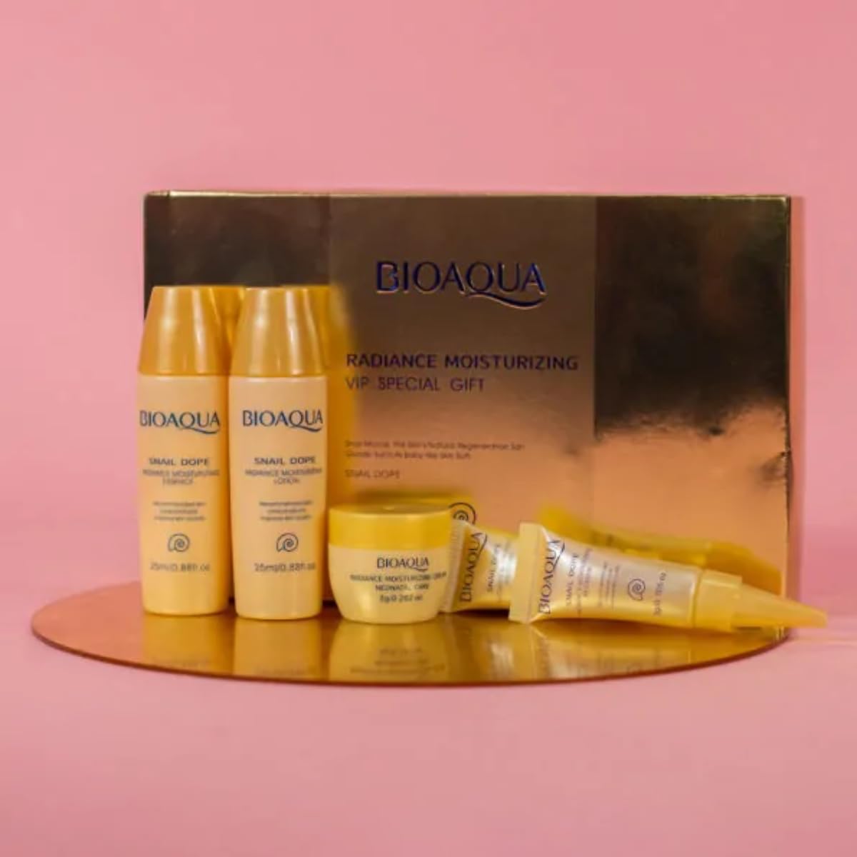 Kit Aclarante y Humectante Cuidado Facial Rutina Completa Baba de Caracol y Colageno Alta Concentración, Rejuvenecedor Loción de Día, Ácido Líquido, Esencia Facial, Crema Antiarrugas para Ojos Paquete 5 Piezas