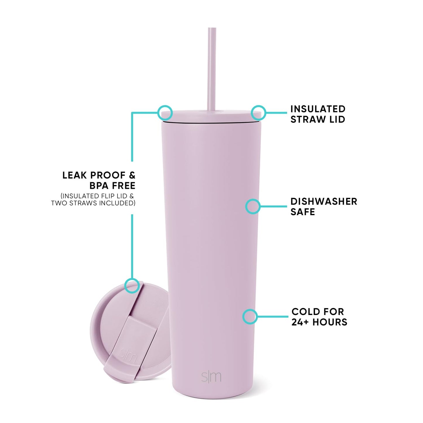Vaso Térmico Simple Modern Lavender Mist con Pajita de Acero Inoxidable para Viajes 830ml