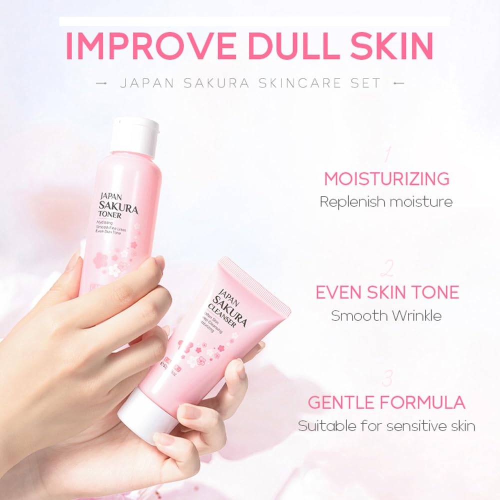 Yasovigi- Kit de cuidado de la piel Sakura para mujeres adolescentes, 5 piezas de cuidado de la piel, set de regalo de viaje con limpiador, tónico,