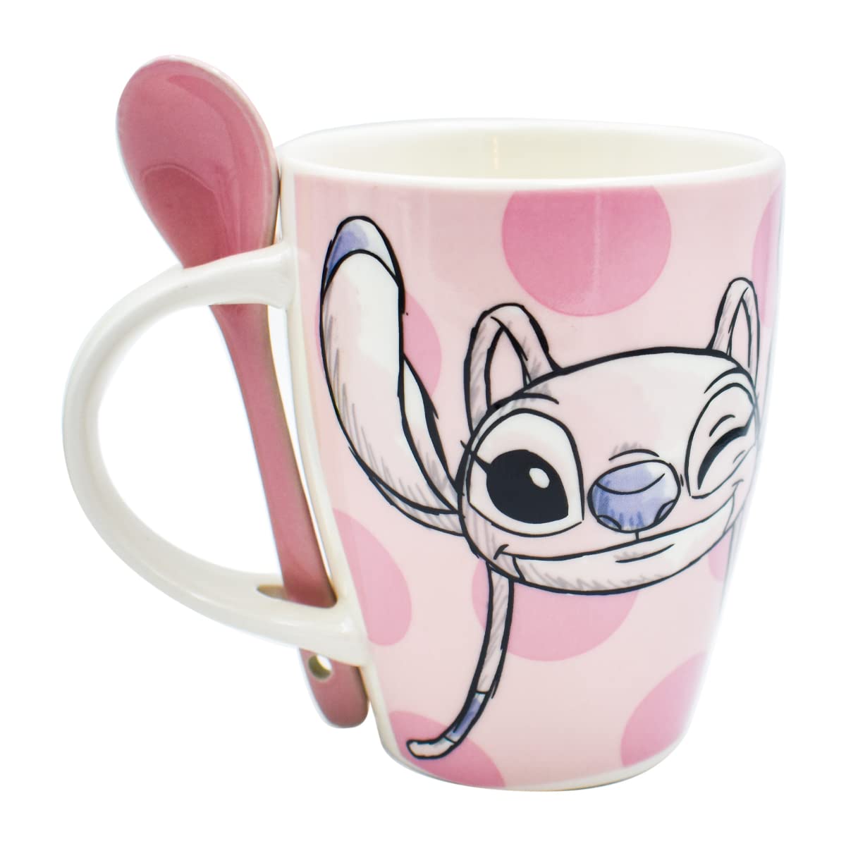 Fun Kids 1738-252 Set de Tazas para Pareja, Taza para Café, Té o Infusiones de Cerámica, Tarro Disney con Diseño Original Stitch y Angel con Cuchara y Caja de Regalo de 410 mililitros, Color Azul y Rosa