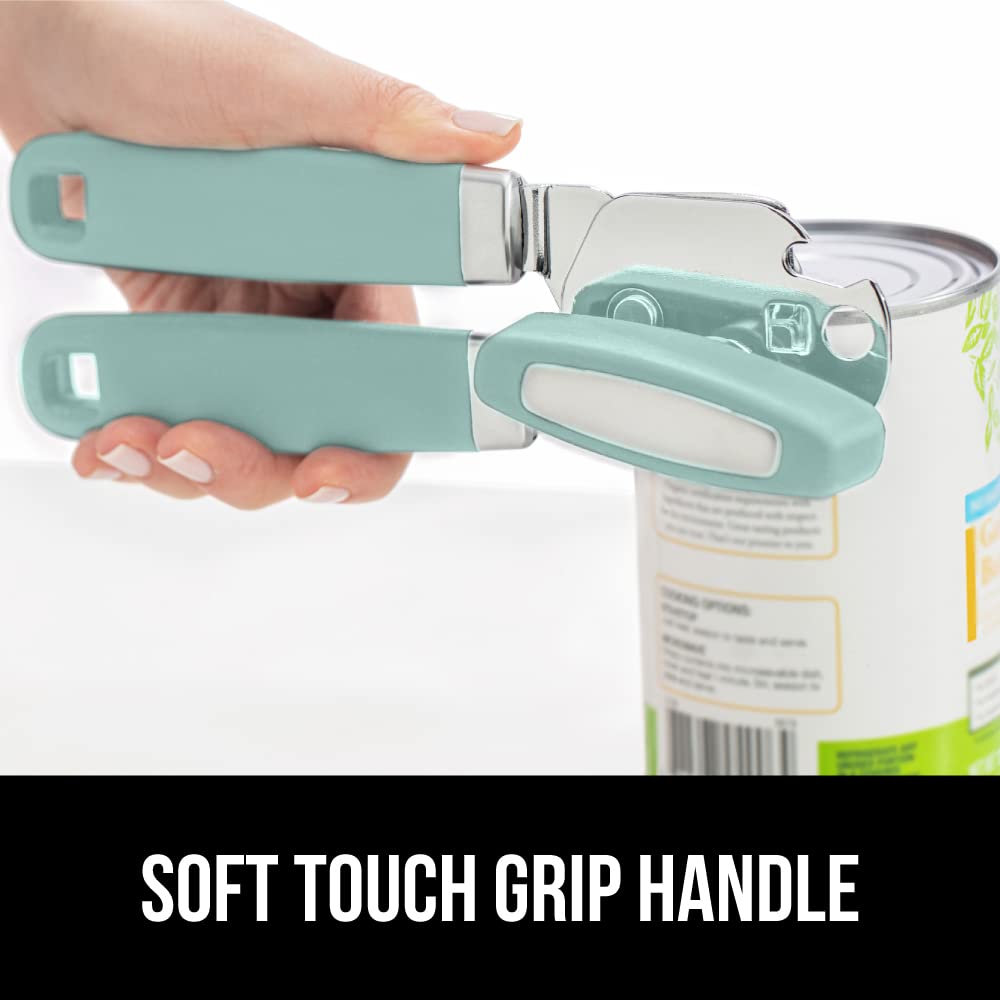 Gorilla Grip Abrelatas manual de mano de acero inoxidable resistente con borde liso con mango suave al tacto, a prueba de óxido, perilla de mano fácil giro, el mejor abridor de tapa grande para cocina, menta