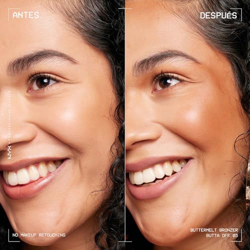 NYX Professional Makeup, Buttermelt Bronzer, Tono: Butta Off (café mocca). Bronceador cremoso en polvo infusionado con manteca de karité, mango y almendras, hasta 12hrs de uso, no se desvanece, resistente a transferencias. Fórmula vegana.