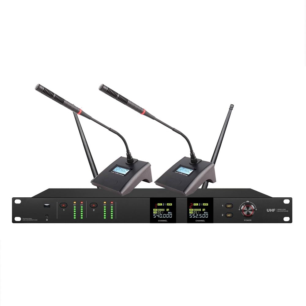Bolymic 2900S 200 frecuencias seleccionables, sistema de micrófono de escritorio profesional de doble cuello de cisne inalámbrico UHF para iglesias, escuelas y negocios