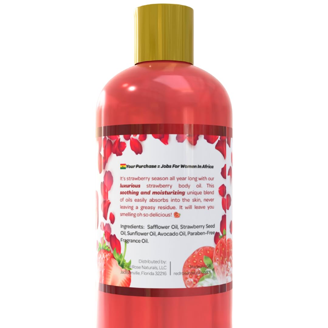 Red Rose Naturals- Aceite corporal de fresa, aceite corporal natural para mujeres, perfume para ducha y baño, hidratante y humectante profundo