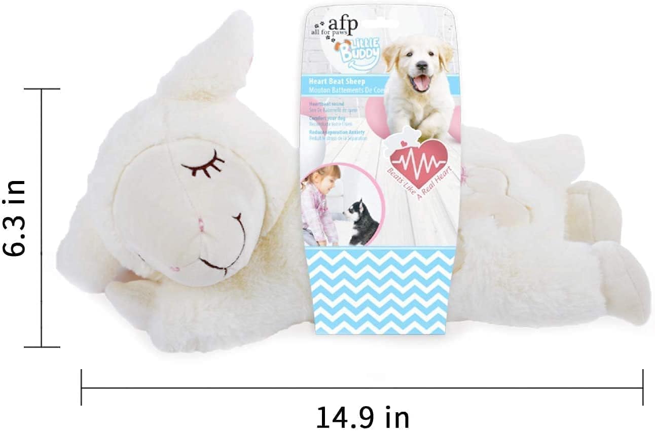 All for Paws Juguete de peluche para aliviar la ansiedad de perro, ayuda al sueño para perros, juguetes cálidos y cómodos, almohada para perros para cachorros, animales de peluche para perros pequeños (oveja blanca (latido de corazón + bolsa cálida)