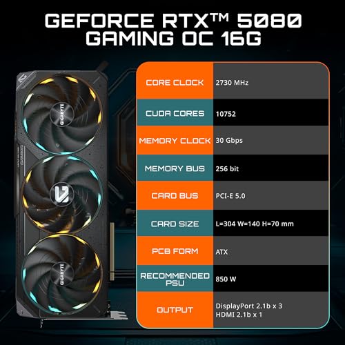 GIGABYTE Tarjeta gráfica GV-N5080GAMING OC-16GD con NVIDIA GeForce RTX 5080, 16 GB GDDR6X, 2295 MHz, PCIe x16, DisplayPort, para Ordenador de escritorio