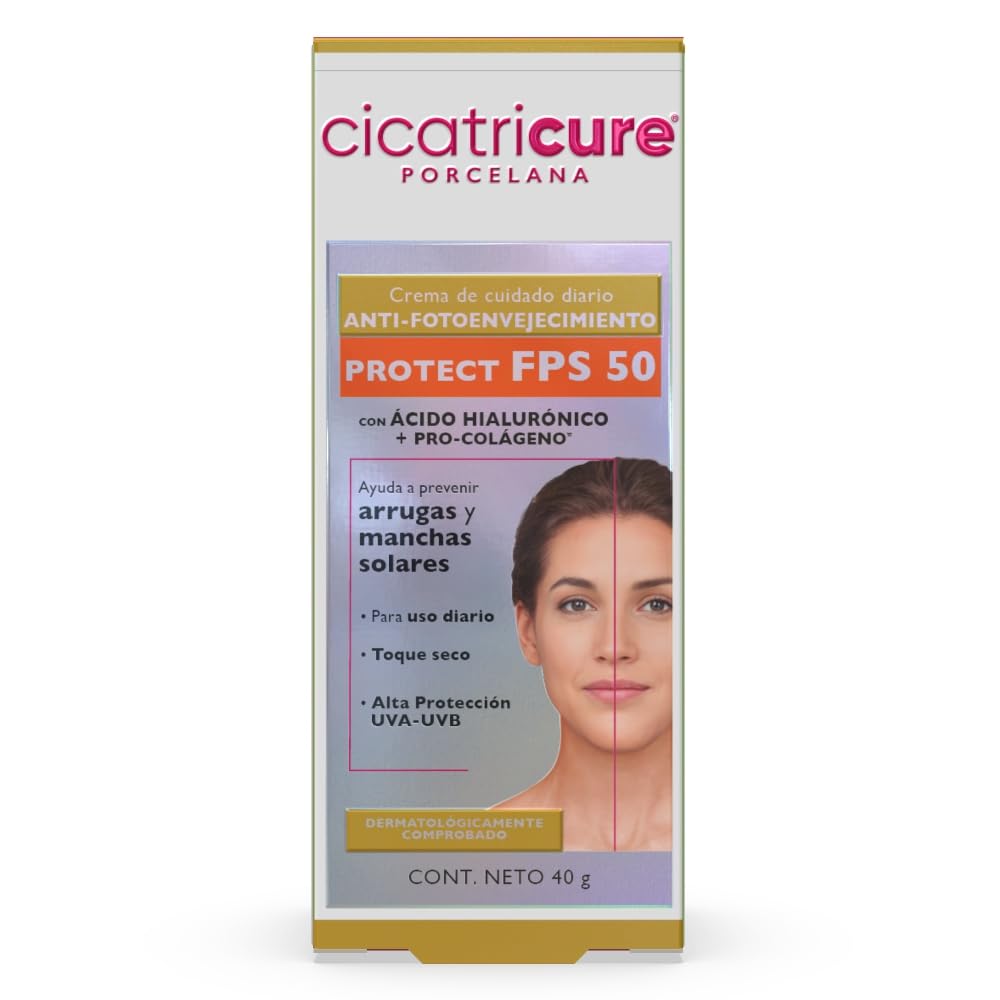 CICATRICURE - Porcelana Protect FPS 50. Crema de cuidado diario Anti-envejecimiento de alta protección UVA-UVB, efecto mate con acido hialurónico + pro colágeno, presentación con 40g