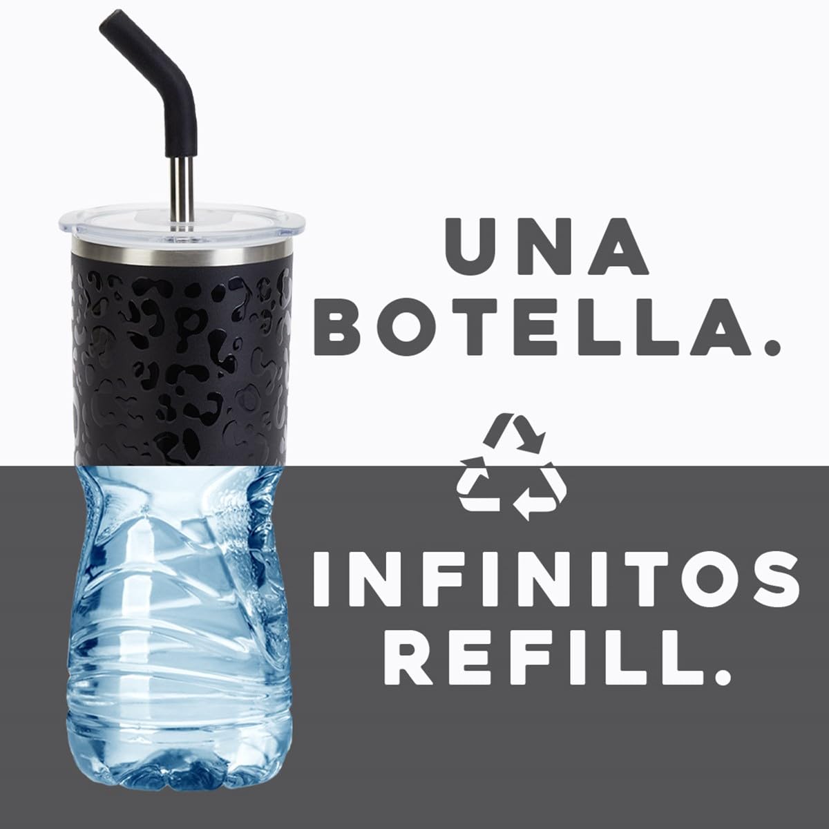 Buffer Flask - Vaso Térmico 700 ml - Termo para Café y Agua de Acero Inoxidable - Tapa Anti Derrame y Fugas - Taza Tumbler Mug para Bebidas Frías y Calientes - Incluye Popote - Color Leopardo Negro
