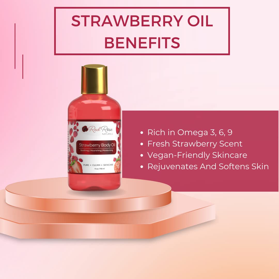 Red Rose Naturals- Aceite corporal de fresa, aceite corporal natural para mujeres, perfume para ducha y baño, hidratante y humectante profundo