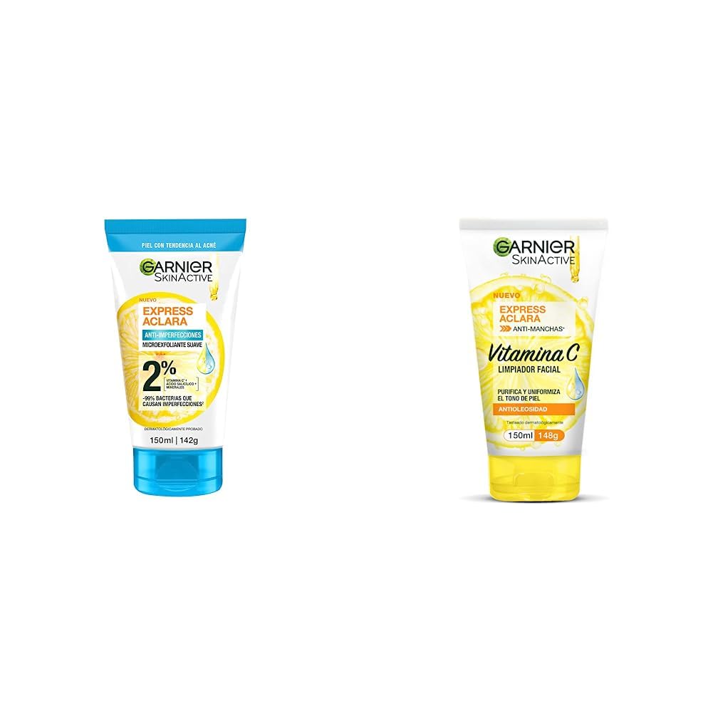 Garnier Express Aclara Exfoliante Anti Acne 150 ml + Garnier Gel Limpiador Facial Tono Uniforme con Vitamina C Express Aclara 150ml, 170 grams, 150 mililitro, 1