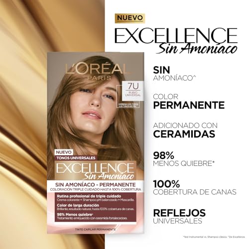 Pack de 2 Tintes para Cabello Excellence sin Amoniaco Tono 7U Rubio Universal de L'Oréal Paris - Cuida y Colorea tu Cabello de forma Profesional