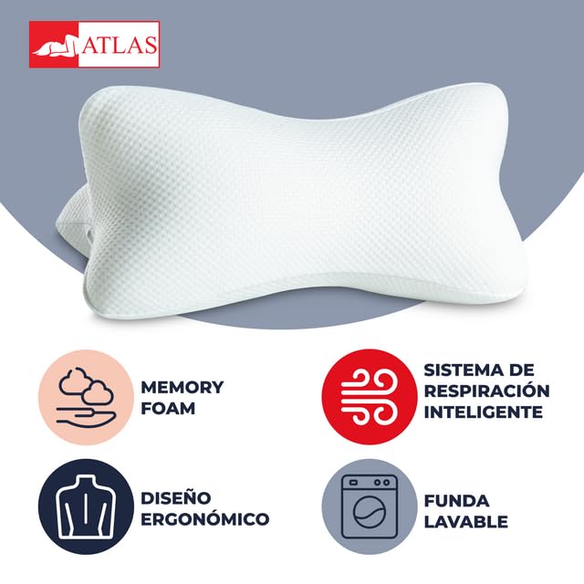 ATLAS DEL DESCANSO Almohada Cervical, Almohada ortopedica Memory Foam, Almohada Hueso para Soporte con Alineación de Zona Lumbar y Cuello, Almohada con Liberación de Puntos de Presión.