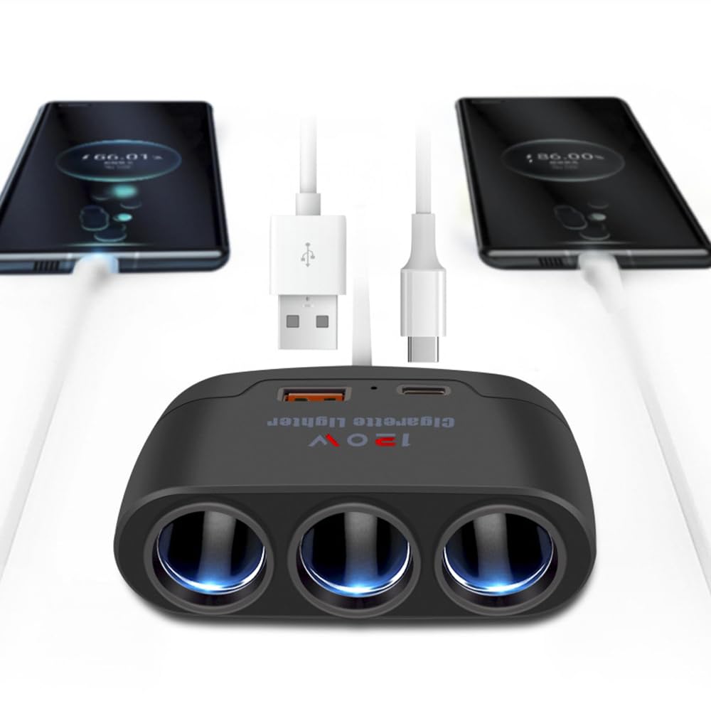 AIYUNDI Divisor de Enchufe de Encendedor de Cigarrillos 3 en 1, Adaptador de Carga rápida USB + PD de 120W, Divisor de Potencia de 3 enchufes, 12-24V para Coche, camión, SUV