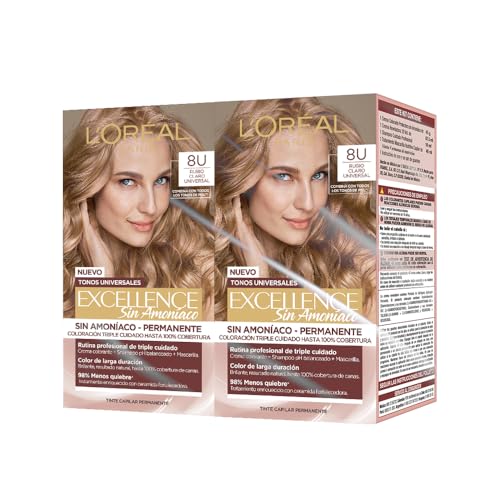 Pack de 2 Tintes sin Amoniaco L'Oréal Paris Excellence Tono 8U Rubio Claro Universal - Coloración Profesional para Cabello