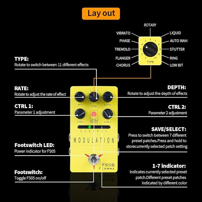 Pedal de Guitarra FLAMMA FS05 Estéreo con Múltiples Efectos de Modulación y True Bypass