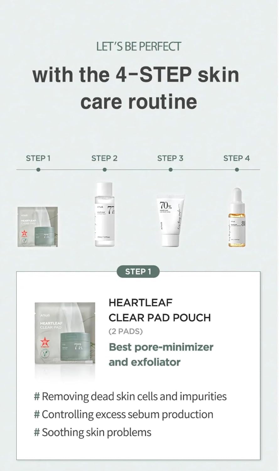 ANUA- Kit coreano de prueba de suavizado Heartleaf | tamaño de viaje, set de regalo con almohadilla transparente Heartleaf 77, Heartleaf7