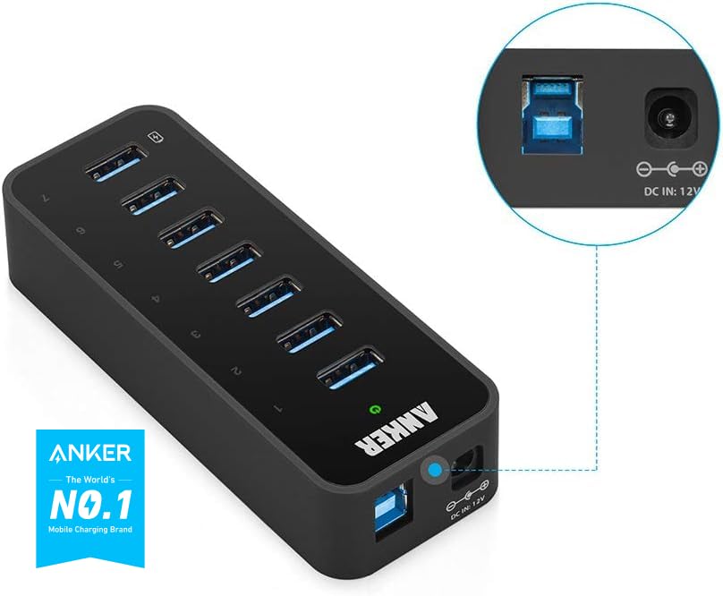 Hub USB Anker Negro 7 Puertos USB 3.0 con Adaptador de Corriente 36 W para Portátil