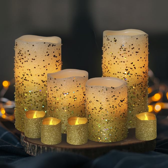 Furora LIGHTING Velas LED sin llama con mando a distancia, juego de 8, funciona con pilares y votivas de cera real, velas LED con llama parpadeante y temporizador, borde dorado…