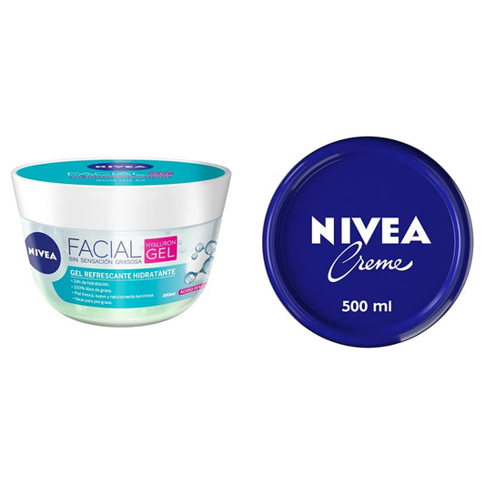 NIVEA Gel Facial Refrescante Cuidado Facial (200 ml) con ácido hialurónico, 24 horas de humectación para un piel fresca + Creme, crema humectante multipropósito para el cuerpo 500 ml
