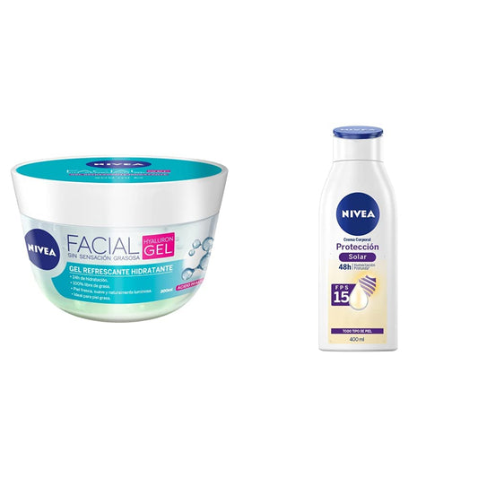 NIVEA Gel Facial Refrescante Cuidado Facial (200 ml) con ácido hialurónico, 24 horas de humectación para un piel fresca, suave y luminosa + Crema Corporal Humectante Protección Solar (400 ml)