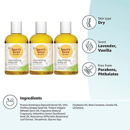 Burt's Bees Baby Nourishing Baby Oil, 100% Natural Baby Skin Care - 4 Ounce Bottle - Pack of 3