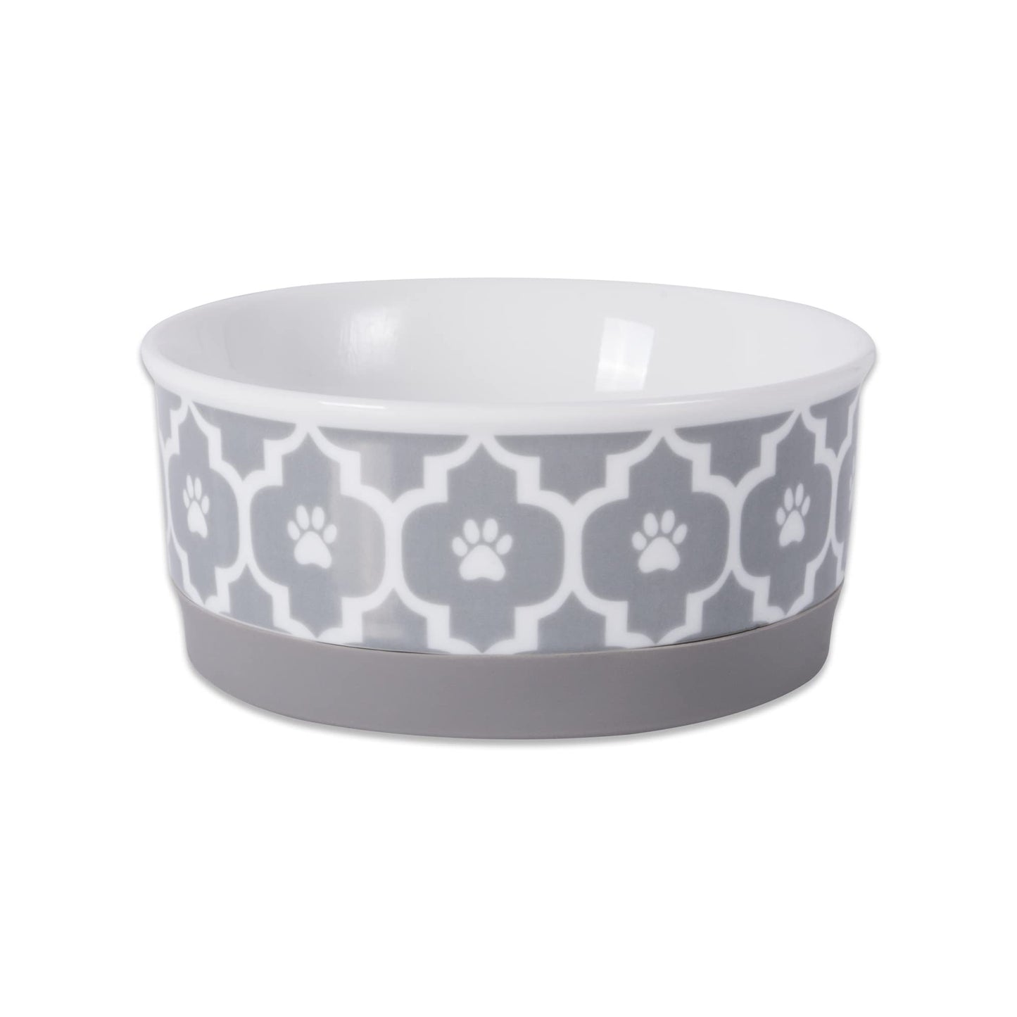 DII Bone Dry Lattice Ceramic Small Pet Bowl For Food & Water, 4.25" Dia x 2"H, With Non-Skid Silicone Rim for Dogs and Cats-Gray
