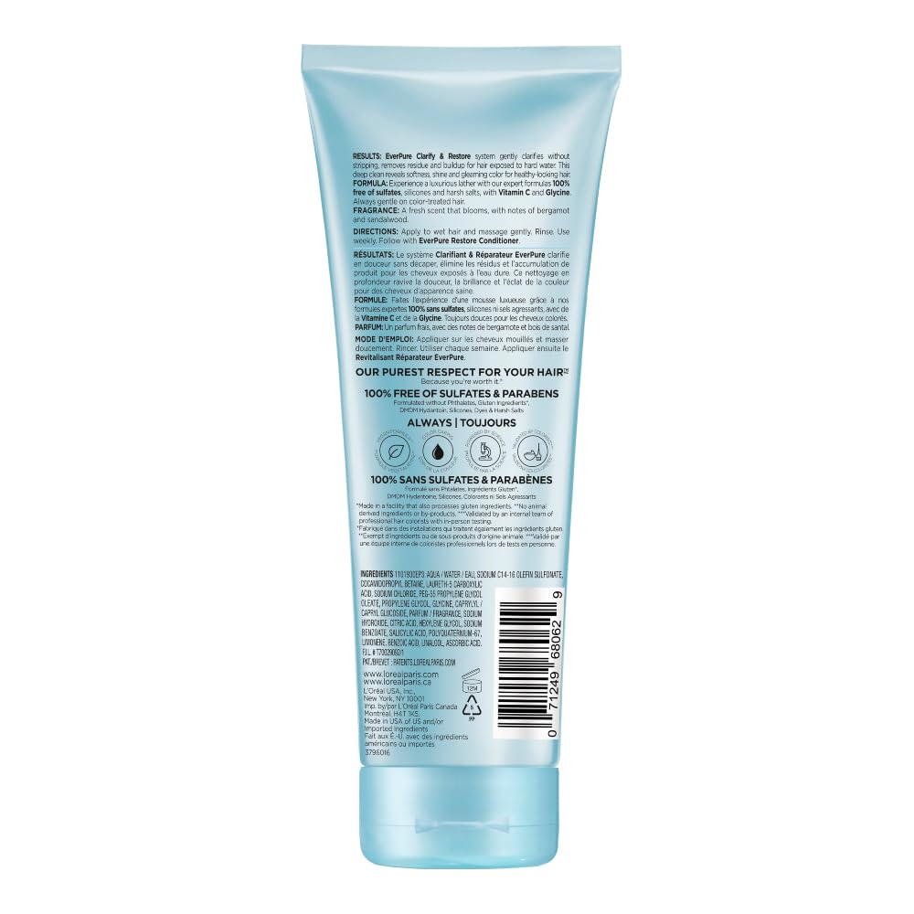 L'Oréal Paris Ever Pure Shampoo Clarify & Restore, efecto detox purifica, hidrata y reduce el deslave del color, sin sulfatos, 200ml
