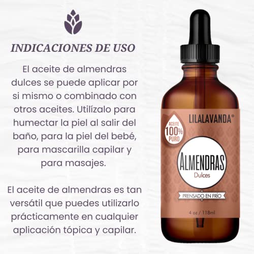 LilaLavanda - Aceite de Almendras Dulces 100% Puro y Prensado en Frío | Sin Fragancia, Ideal para Masajes y Aromaterapia | Portador de Aceites Esenciales | 118 ml