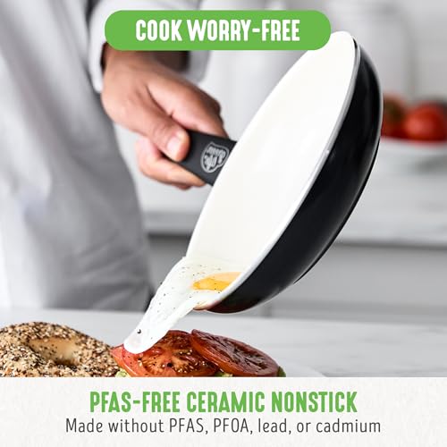 GreenLife Soft Grip - Juego de 16 ollas de cocina antiadherentes de cerámica suave, sin PFAS con utensilios de cocina y tapa, apto para lavaplatos, negro y crema