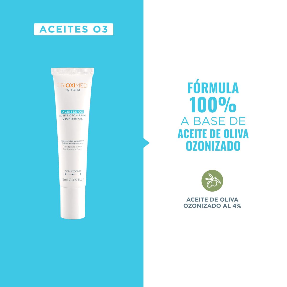TRIOXIMED | Aceite Ozonizado Oliva O3 15 Ml | Puede ser utilizado por toda la familia | Mejora lesiones superficiales como: hongos, virus. encías, bacterias, rozadura pañal, raspones, picaduras de mosquitos, cortaduras, aftas, lesiones bucales, gingivitis