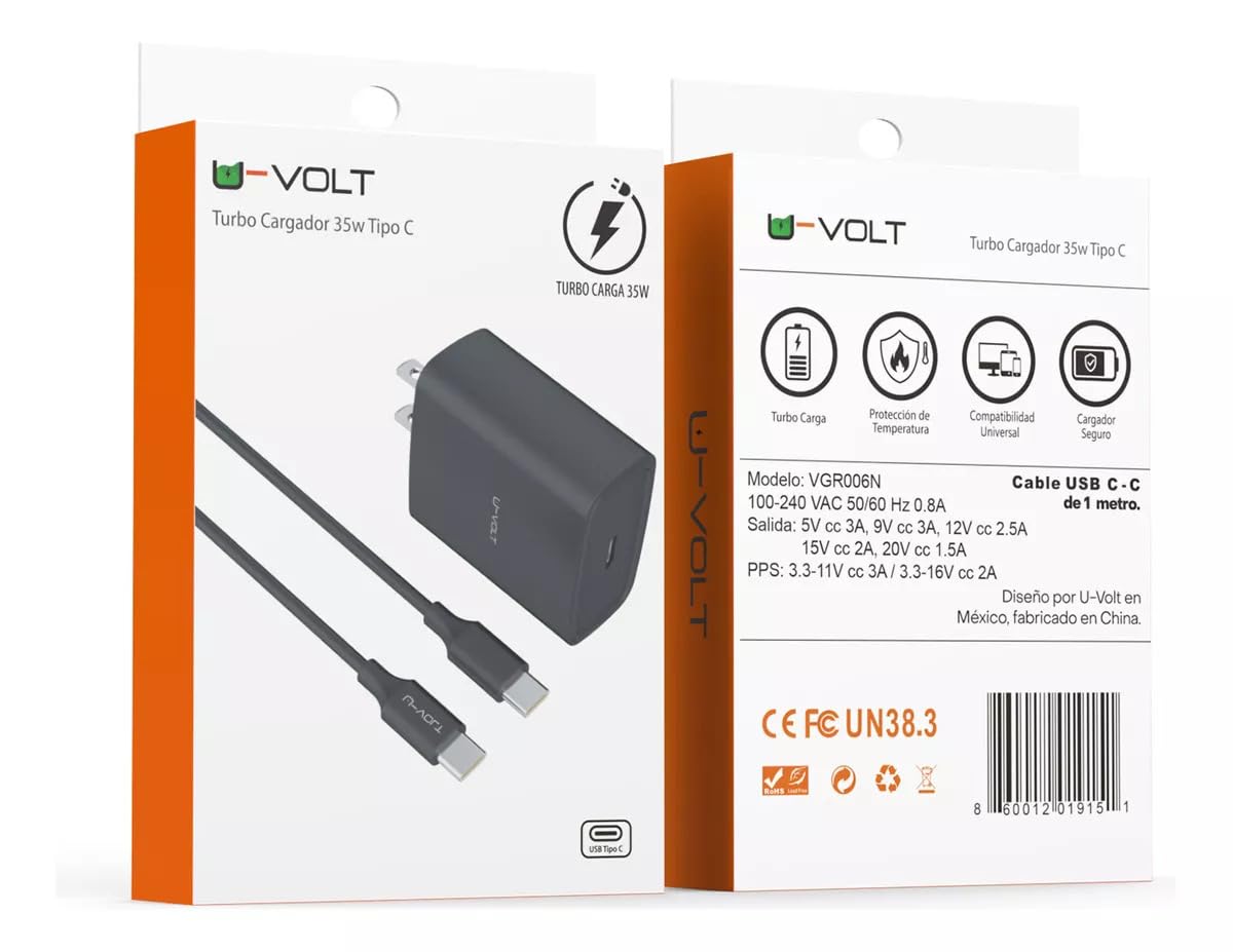 Genérico Cargador para iPhone 15 y 16, U-Volt. Carga Ultra rapida de 35w USB-C con Cable de 1m. Compatible con iPhone iPad Pro y 10, Samsung, xiaomi, Huawei Mod 2025.