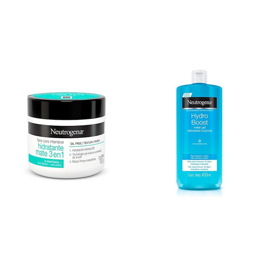Crema Hidratante Facial Mate 3 en 1 Neutrogena Face Care Intensive D Pantenol 100g + Crema corporal en gel Hydro Boost Ácido Hialurónico 400 ml