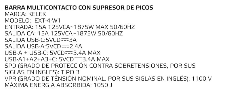 Multicontacto KELEK Blanco con 4 Salidas 127AC, 3 USB-A, 1 USB-C y Supresor de Picos con Extensión Flexible